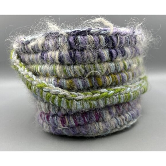 Handmade Wool Basket Purple Green Whimsical Cottage 10 x 5.5 Storage Decor - Picture 4 of 7